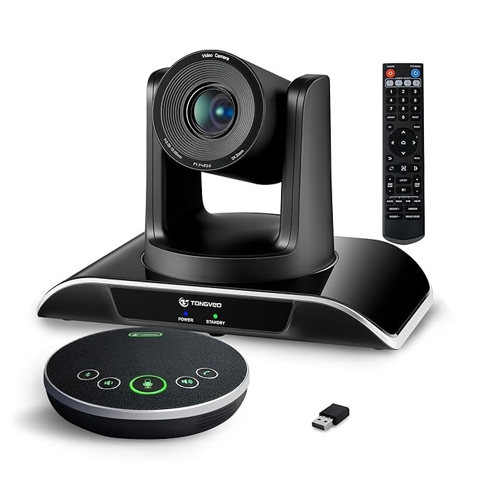 Camera Conference Room Video System TONGVEO All-in-One Al Auto-Tracking HD1080P 60fps 3X Optical Zoom USB3.0 HDMI PTZ Camera and Bluetooth Conference Speakerphone with Microphones