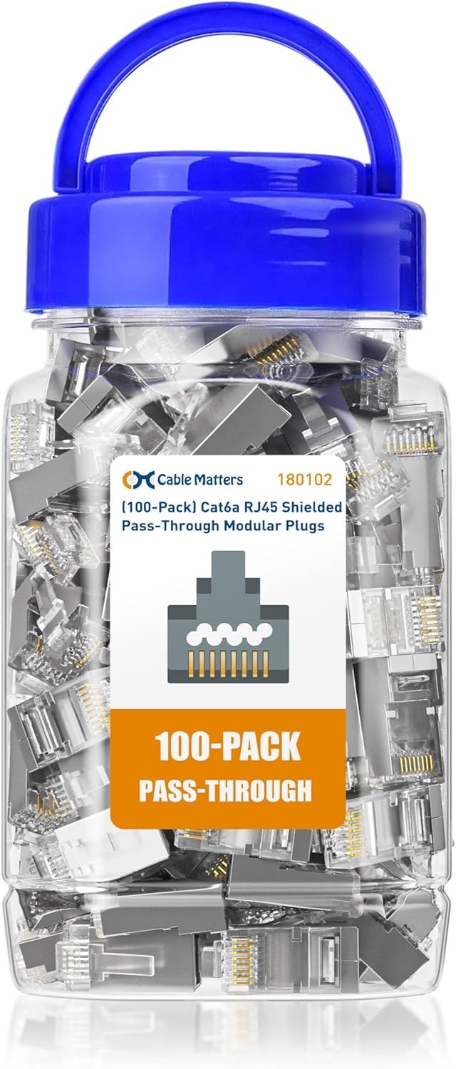 Connector RJ45 Cat6A Shielded Pass Through Cable Matters 100Pcs -10Gbps, 50µ Gold Plated, Max Wire OD 1.19mm, Cat6A Ends for Solid or Stranded S/FTP Cable