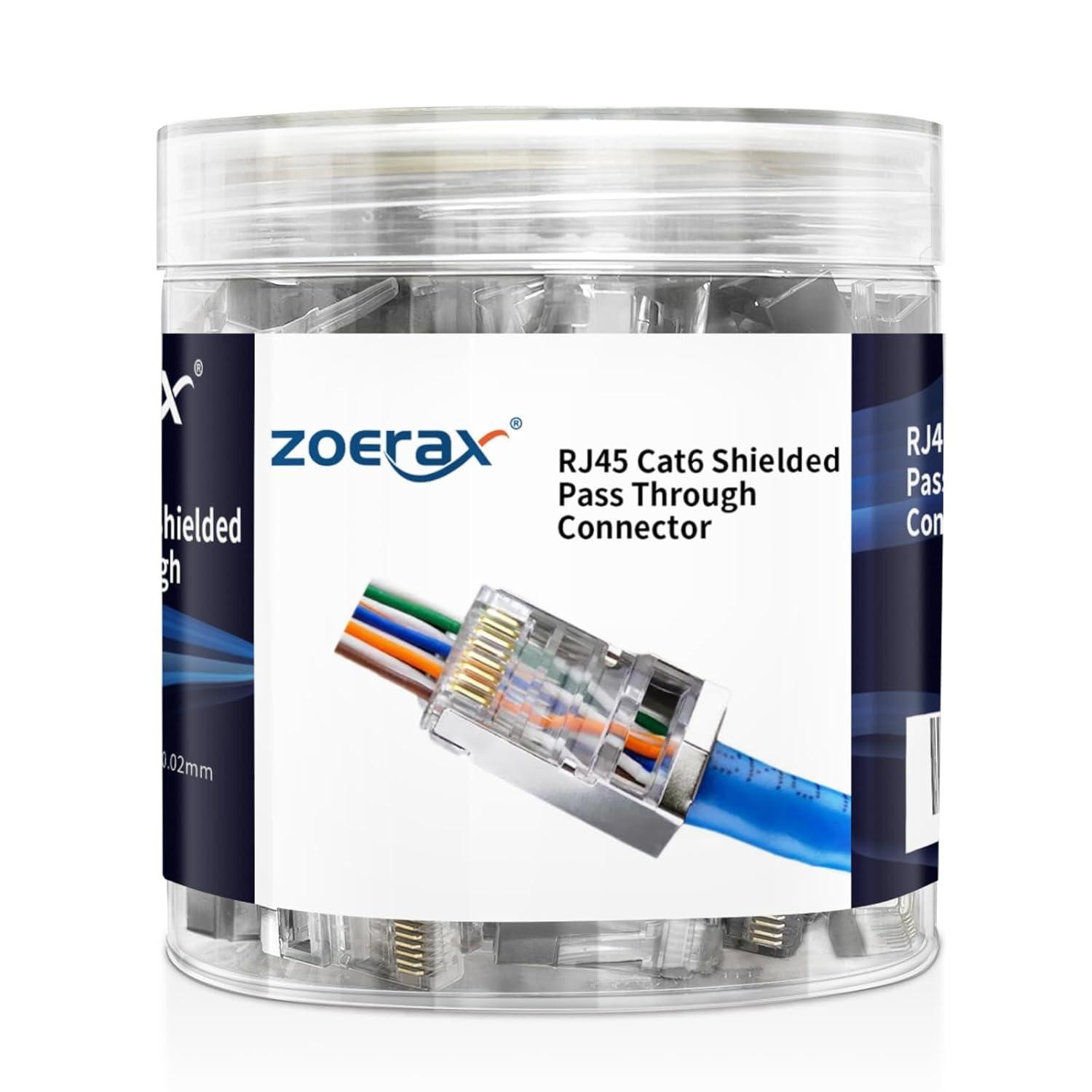Connector RJ45 Pass Through Cat6 Shielded Zoerax ARC6-S22-100 (100Pcs) Modular Plugs Gold Plated 8P8C RJ45 Ends 1.2mm Hole for Solid or Stranded Ethernet Cable