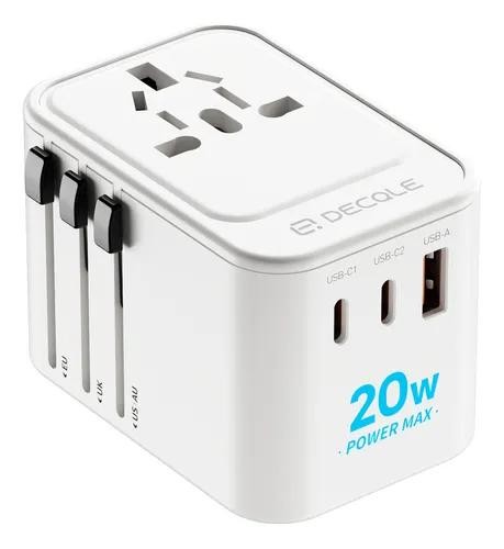 Adapter Universal Travel USB (2x USB-C & 1 USB-A) 20W PD, International Plug Adapter, All in One Portable Adapter, NOT A Voltage Converter, for USA, UK, EU, AU (White) - DEQOLE DQZ9