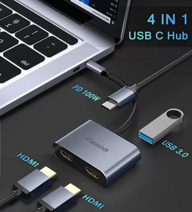 VIENON Adapter 2 in 1 USB-C to Dual HDMI 4K@60HZ, USB C Hub HDMI Adapter for Dual Monitors Compatible for MacBook Air/Pro, More Thunderbolt 3/4 Laptop