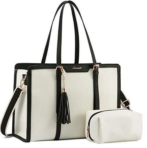 LOVEVOOK Tote Bag for Women, Dual Handle Purses and Handbags for Women, Trendy Designer Shoulder Satchel bag with Wristlet - Pearl White-black