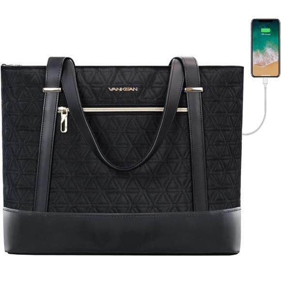 VANKEAN Laptop Bag for Women, 15.6 Inch Work Bag Waterproof Computer Shoulder Bag with USB Port, Large Tote Bag for Work Business Travel, Quilted Black