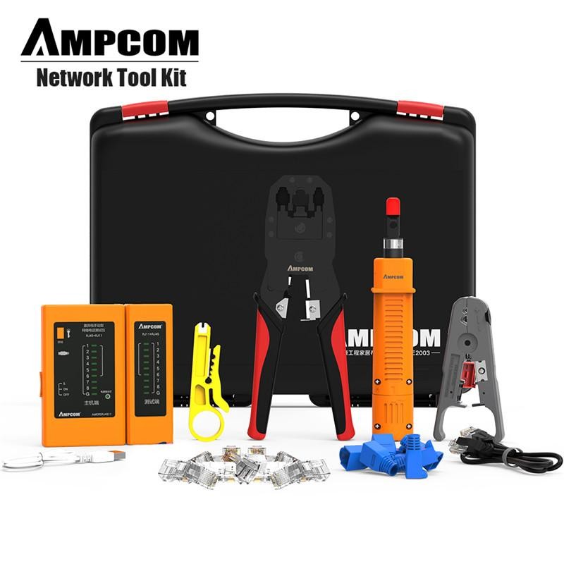 AMPCOM 10-in-1 RJ45/RJ11 Ethernet Crimping Tool with RJ45 Tester for Cat6/Cat5e/Cat5 RJ45 Connectors, with 110 Punch Tools and Wire Stripper, Portable Waterproof Bag