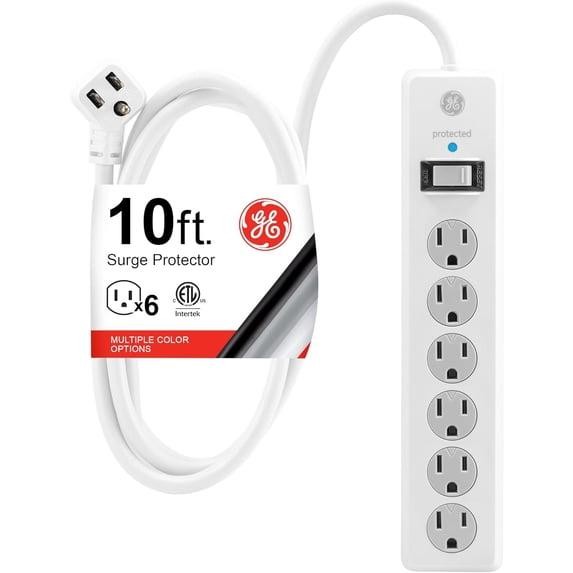 Surge Protector GE 46862 White 10 Ft Long Extension Cord 6 Outlet Extender, 800 Joules, Flat Plug, Wall Mount, Twist-to-Close Safety Covers, ETL Safety Listed,