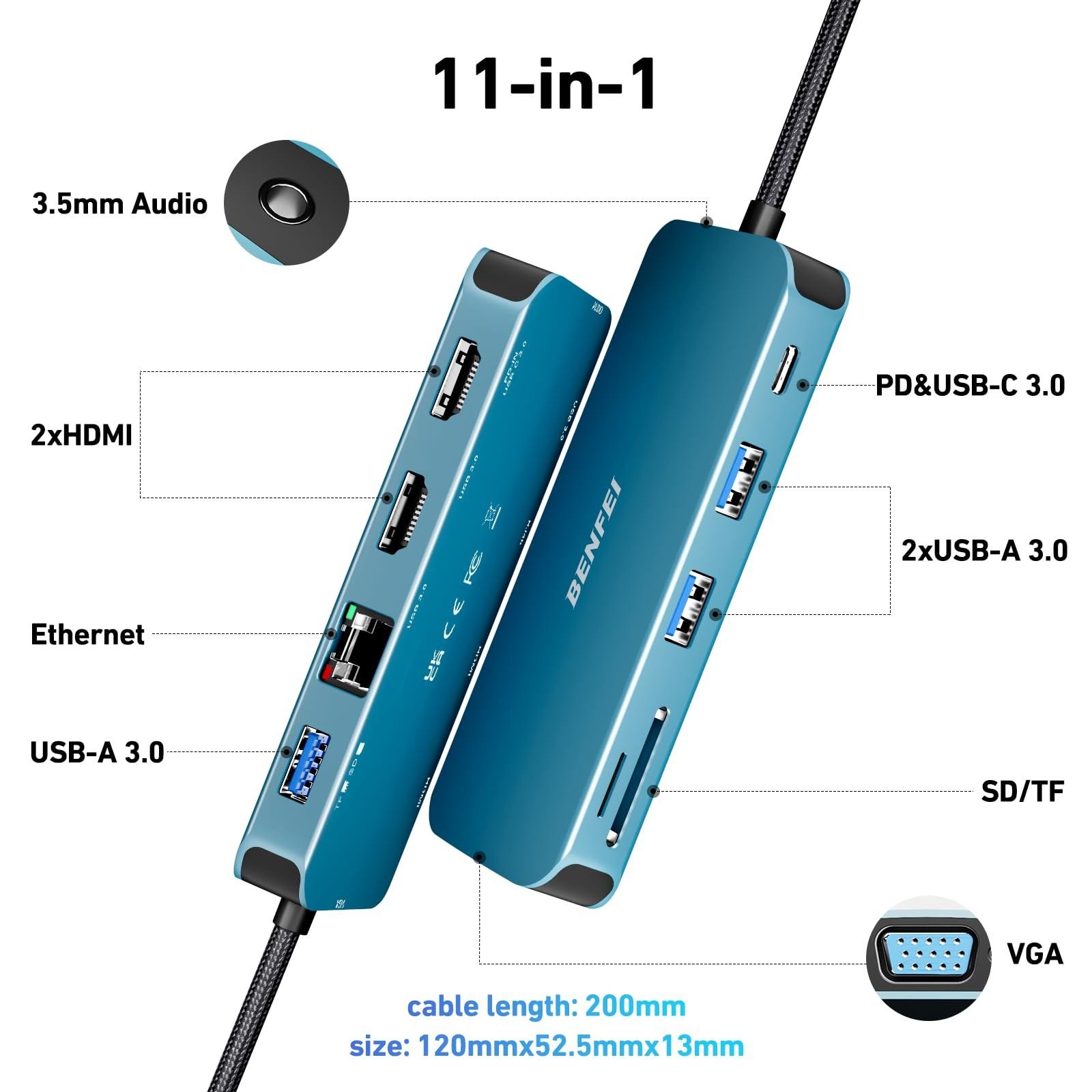 BENFEI 11-in-1 USB C Hub Triple Display Docking Station 2*HDMI, VGA, 3*USB 3.0, 1Gbps Ethernet, 100W Power Delivery, SD/TF Card Reader, 3.5mm AUX Audio Compatible with MacBook XPS Surface