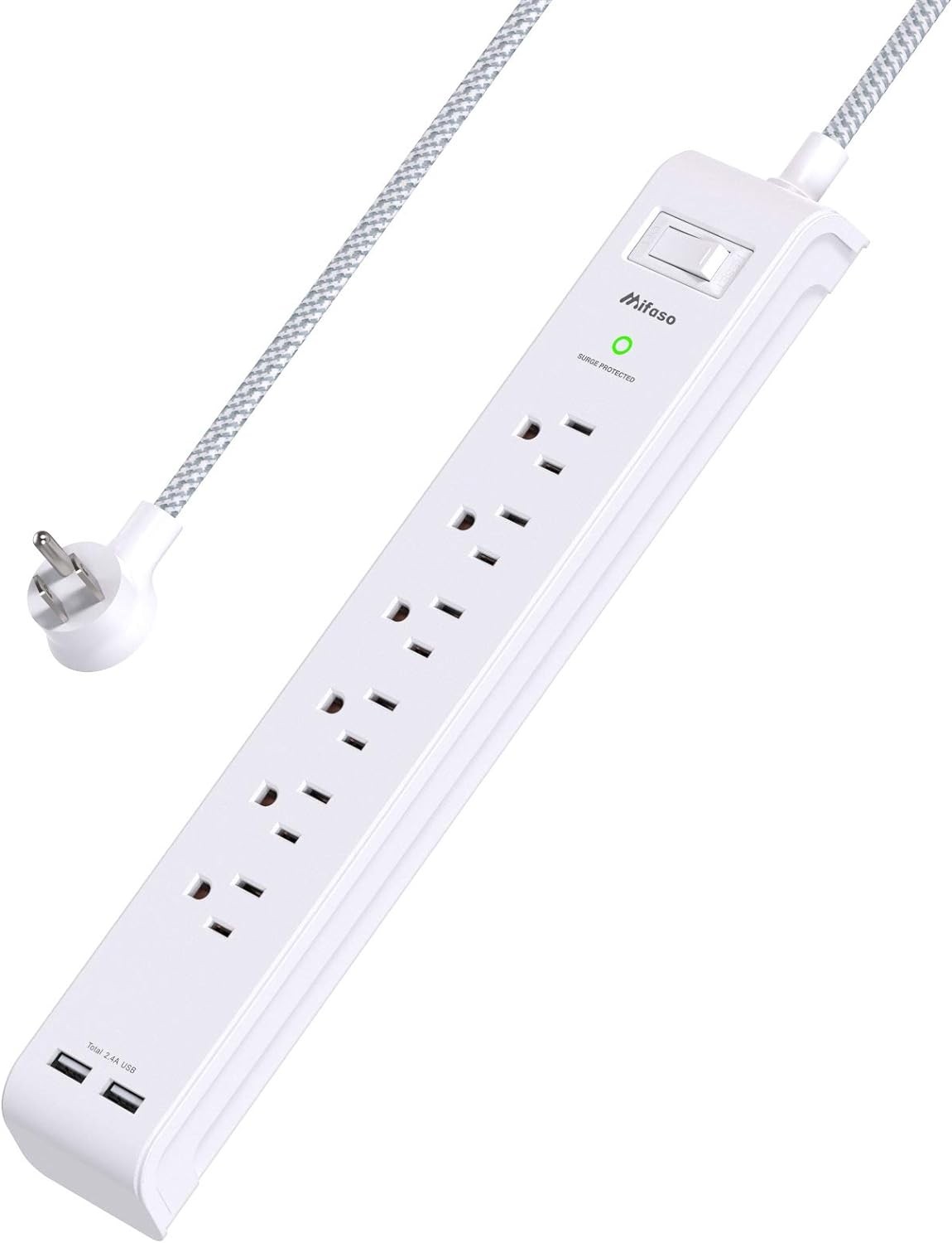 Mifaso 12FT Surge Protector 6x Outlets and 2x USB Charging Ports (1625W/13A/900J)
