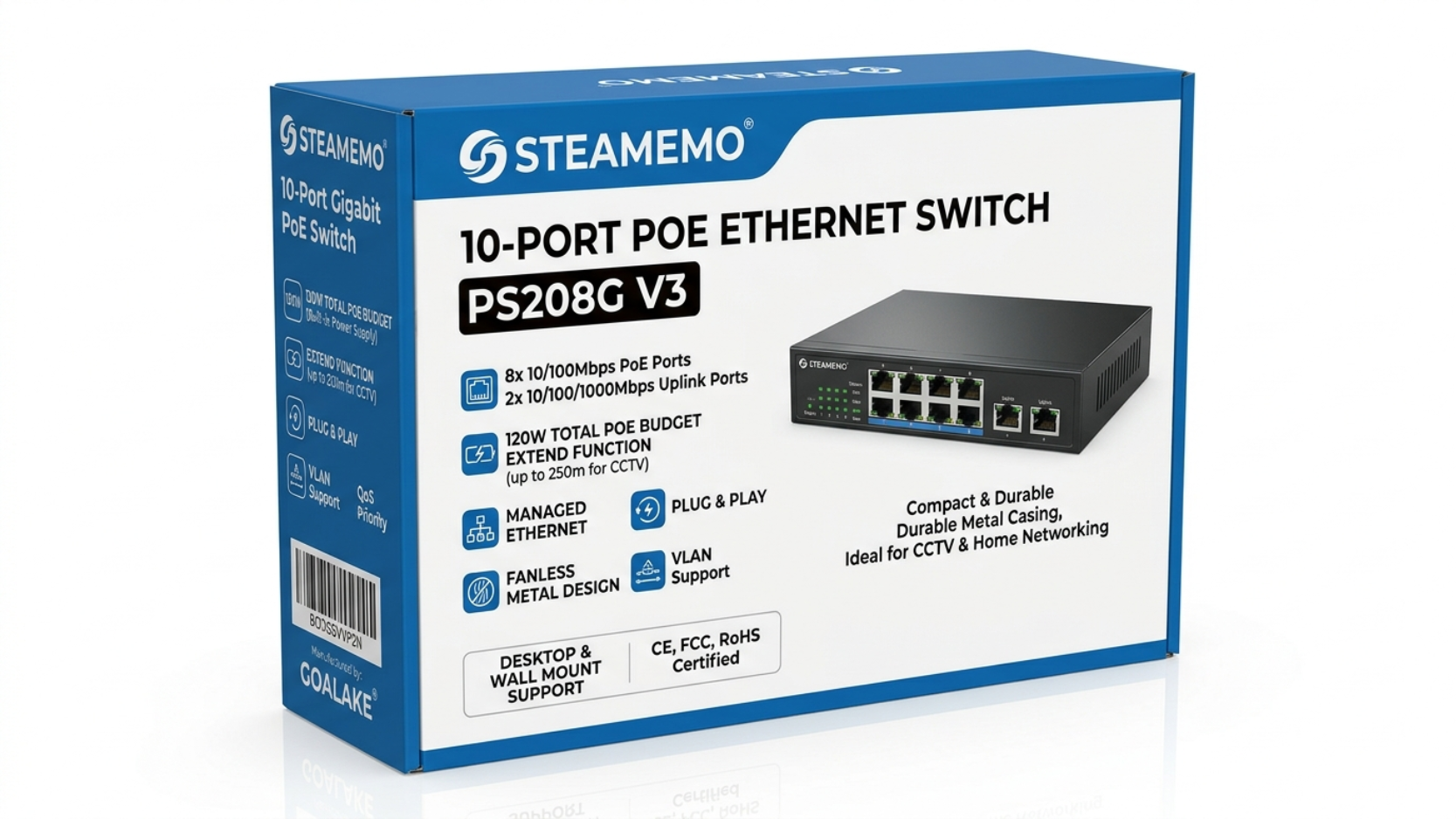 Switch 10Port STEAMEMO PS208G V3 PoE (8 PoE Ports@120W Built-in Power, 2 Uplink) Goalake PS208G V3 with Extend Function, Managed Ethernet, Plug & Play, Fanless Metal Design, VLAN, Qos,Desktop/Wall Mount / BODSSVVP2N