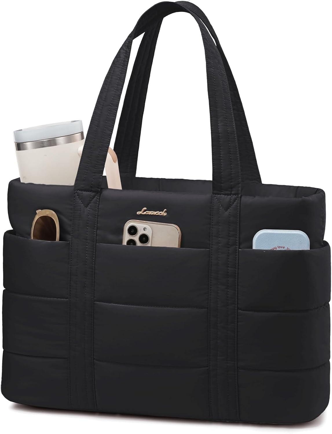 LOVEVOOK Puffer Tote Bag for Women with Cup Holder Large 15.6" Laptop Work Tote Bag with Zip for Daily, Travel, Light Quilted Nurse Teacher Shoulder Bag