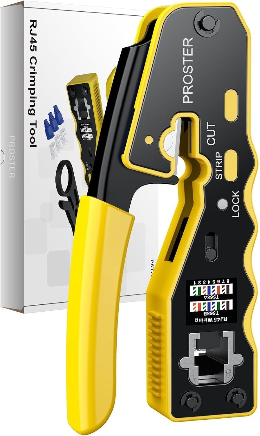 Crimping Tool RJ45 Pass through  All-In-One Modular Ethernet Crimper for RJ45, RJ12, RJ11 Connectors Crimp Tool Suitable for CAT6/5e (8P8C/6P6C/6P4C) Network Terminal Crimper, Yellow