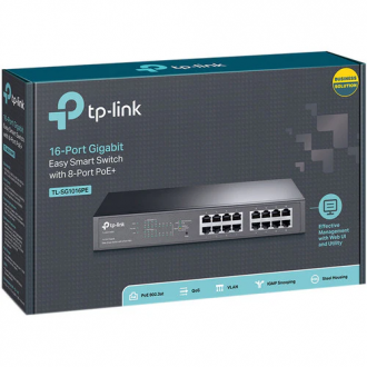 TP-Link TL-SG1016PE 16-Port Gigabit 10/100/1000Mbps RJ45 ports Easy Smart PoE Switch with 8-Port PoE+ - With a total PoE power budget of 110W, up to 30W per port - Works with IEEE 802.3af/at compliant devices, expanding home and office networks