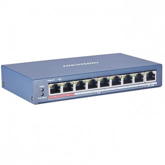 Hikvision 8Port  DS-3E0310P-E/M Fast Ethernet Unmanaged POE - 8 × 10/100 Mbps PoE port, and 2 × Gigabit RJ45 port. IEEE 802.3at/af standard for PoE ports (Max. 60 W PoE output).IEEE 802.3, IEEE 802.3u, IEEE 802.3x, IEEE 802.3z and IEEE 802.3ab stand