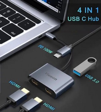 VIENON Adapter 2 in 1 USB-C to Dual HDMI 4K@60HZ, USB C Hub HDMI Adapter for Dual Monitors Compatible for MacBook Air/Pro, More Thunderbolt 3/4 Laptop