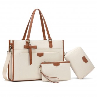 Keyli 3Pcs Laptop Bag for Woman 15.6" Canvas+Leather Laptop Tote Bag Work Bags Large Capacity Business Computer Briefcase Casual College Shoulder Handbag Crossbody Purse for Travel Office Khaki