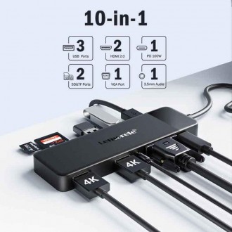 Lemorele USB-C Hub 10 in 1 Docking Station USB Type-C to Dual HDMI 4K 30Hz VGA USB 3.0 Adapter PD100W SD CArd Reader for MacBook