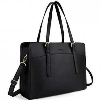 ECOSUSI Laptop Bag For Women 15.6 Inch Work Tote Bags PU Leather Computer Purse For Business Office With 3 Layer Compartments - Black