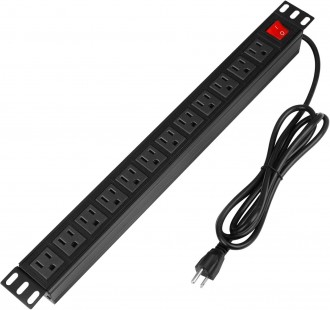Power Strip 12-Outlets Right Angle BTU Rack-Mount PDU, Wide-Spaced, Heavy Duty 1U Rack Mount PDU for Server Racks, 15A/125V, 6ft Cord, Black