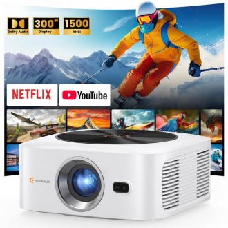 Projector HAPPRUN H11 1500 ANSI lumens built-in streaming app full HD smart 4K projector, supports Wi-Fi and Bluetooth, Dolby audio, 300-inch large screen, suitable for home, outdoor, and indoor viewing - Connectivity: HDMI, USB, Headphone, Power On - Inc