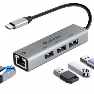 Hub 4-in-1 USB-C - 3x USB-A, 1x RJ45 for Nintendo Switch 2, Laptop, MacBook, Chromebook, Surface, Desktop,PC and More - Velolink