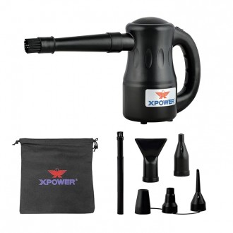 Air Duster-Blower XPOWER A-2 Airrow Pro Electric for Dusting, Drying, Inflating, Car Detailing, Computer, Leaf Blowing, 90 CFM, 7 Nozzles+2 Brushes, High Performance Motor, Eco-Friendly, Jet Black