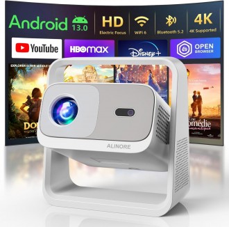 Projector Mini Wireless Smart 4K Support Outdoor with WIFI 6 and Bluetooth 5.2 with Apps Built-in, 1920 x 1080, Native 1080P, 360° Rotatable, Electric Focus & Auto Keystone, Android - Connectivity: HDMI, USB, 3.55mm Audio Jack - Included: Power Cable and 