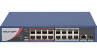 Hikvision 16Port DS-3E0318P-E/M(B) 10/100M Unmanaged PoE - 16 x 10/100Mbps PoE Ports, 1 x Gigabit RJ45 port, and 1x Gigabit SFP fiber optical port - IEEE 802.3af/at PoE standard - Total PoE power budget 130W - 6kV surge protection for PoE ports - I