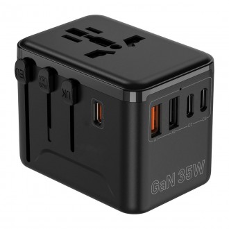 Adapter Universal Travel 35W GaN, 6-in-1(3xUSB-C/ 2xUSB-A) International Power Plug Auto-Resetting Fuse, , Multi AC Sockets, All-in-one Travel Outlet for US EU UK AUS IN