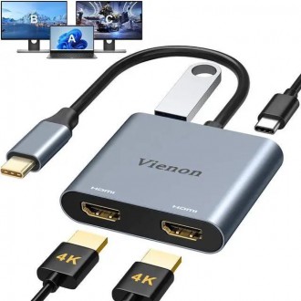 VIENON USB C to Dual HDMI Adapter 4K@60hz, Type C to HDMI Splitter for 2 Monitors, USB C Hub Extend Display for MacBook Air/Pro, More Laptops with Thunderbolt 3/4 Ports