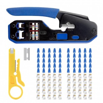 Crimping Tool RJ45 Pass through for Connector Cat5e Cat6 Cat7 cat8e with Wire Stripping Knife, Crimper for Stripping Crimping & Cutting + 2 Extra Blades, Blue