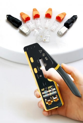 AMPCOM RJ45 Network Crimper - 3-in-1 Crimp/Cut/Strip LAN Cat8/7/6A/6/5E (STP/UTP) & RJ11/12 Tel Modular Cables (AM-6088) Yellow