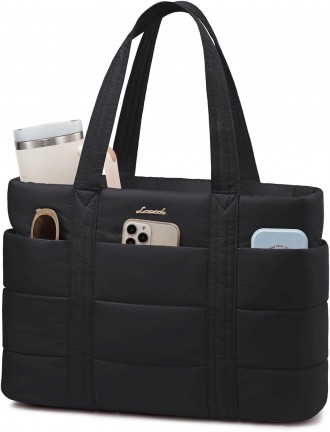 LOVEVOOK Puffer Tote Bag for Women with Cup Holder Large 15.6" Laptop Work Tote Bag with Zip for Daily, Travel, Light Quilted Nurse Teacher Shoulder Bag